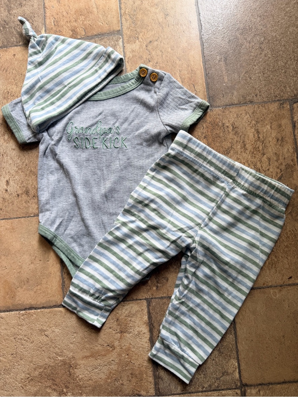 'Grandpa's Sidekick' Blue & Green Striped Baby 3-Piece Set with hat - 6-9 months